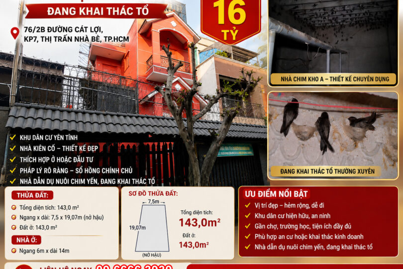 BÁN NHÀ DẪN DỤ NUÔI CHIM YẾN – ĐANG KHAI THÁC TỔ TẠI NHÀ BÈ, TP.HCM