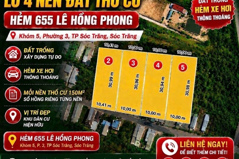 BÁN 4 NỀN ĐẤT THỔ CƯ – HẺM 655 LÊ HỒNG PHONG
